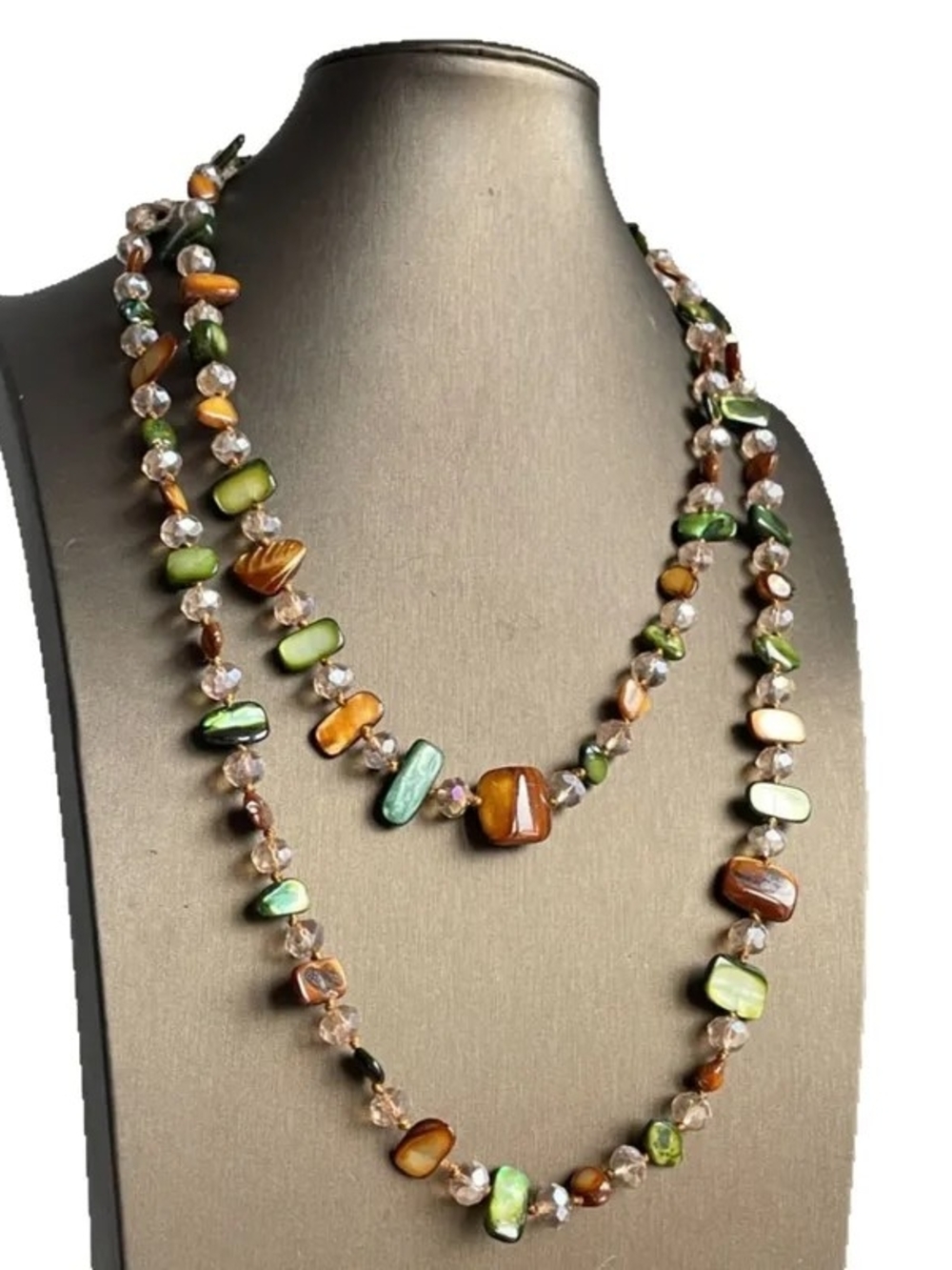 Multi-Color Beaded Long Necklace - Green & Brown